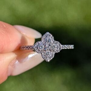 14K Solid White Gold Diamond Clover Flower Ring